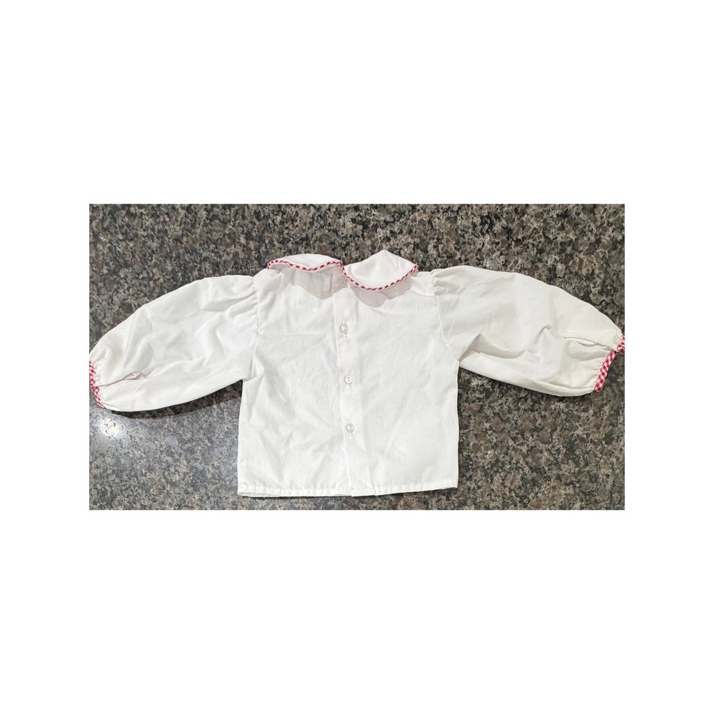 Petit Ami Vintage Girls Peter Pan Collar Blouse White‎ Red Gingham Puff Sleeve